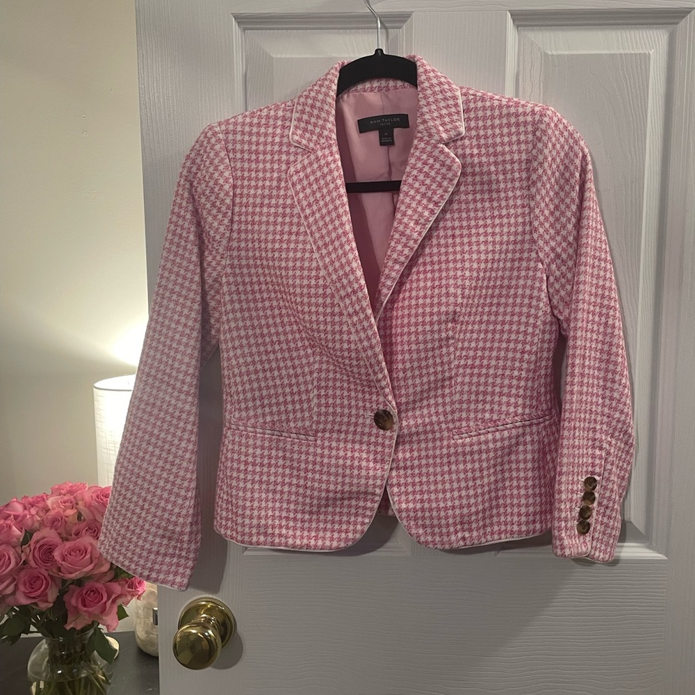 Petite Pink and White Houndstooth Blazer